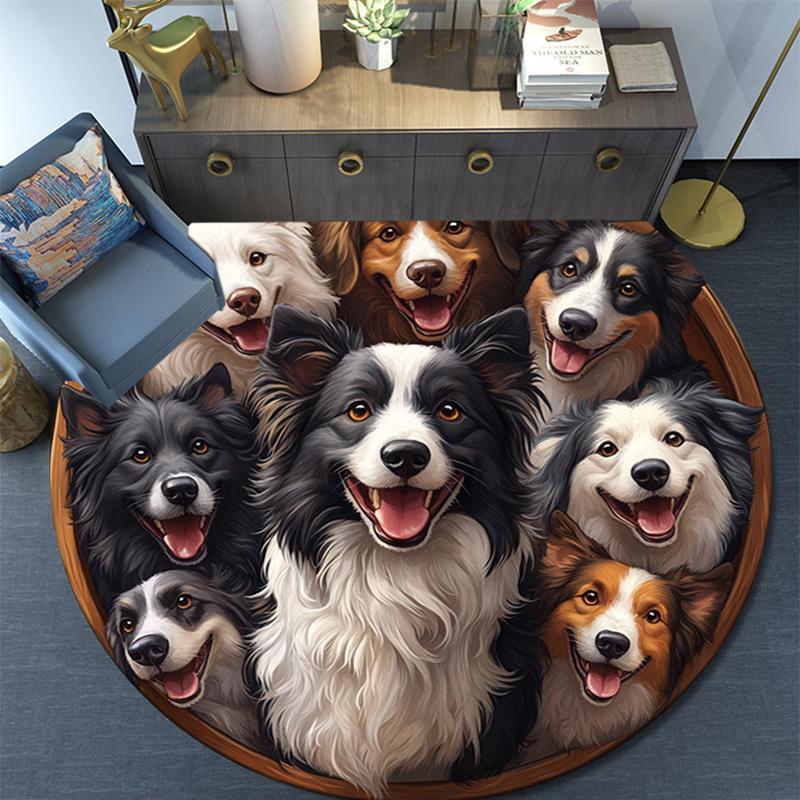 Border Collies Runder Teppich, Teppich für Wohnzimmer Schlafzimmer Sofa Spielzimmer Dekor, Rutschfeste Bodenmatte