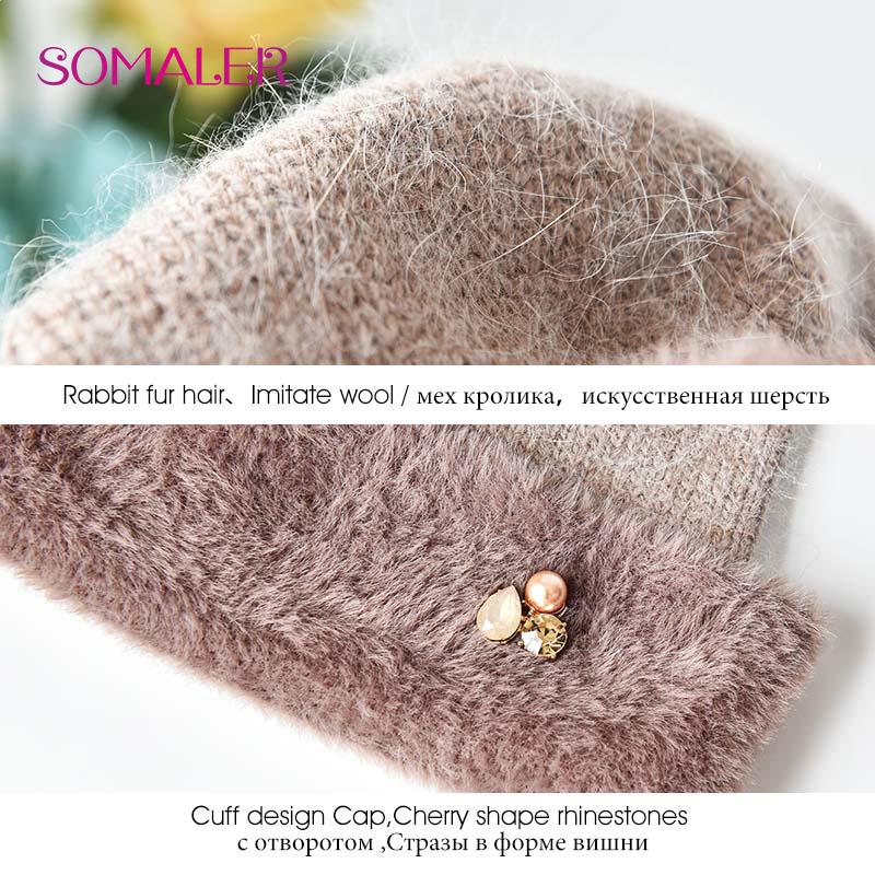 Winter Knitted Hat for Women Premium Rex Rabbit Fur Hat Russian Female Casual Beanie with Rhinestone