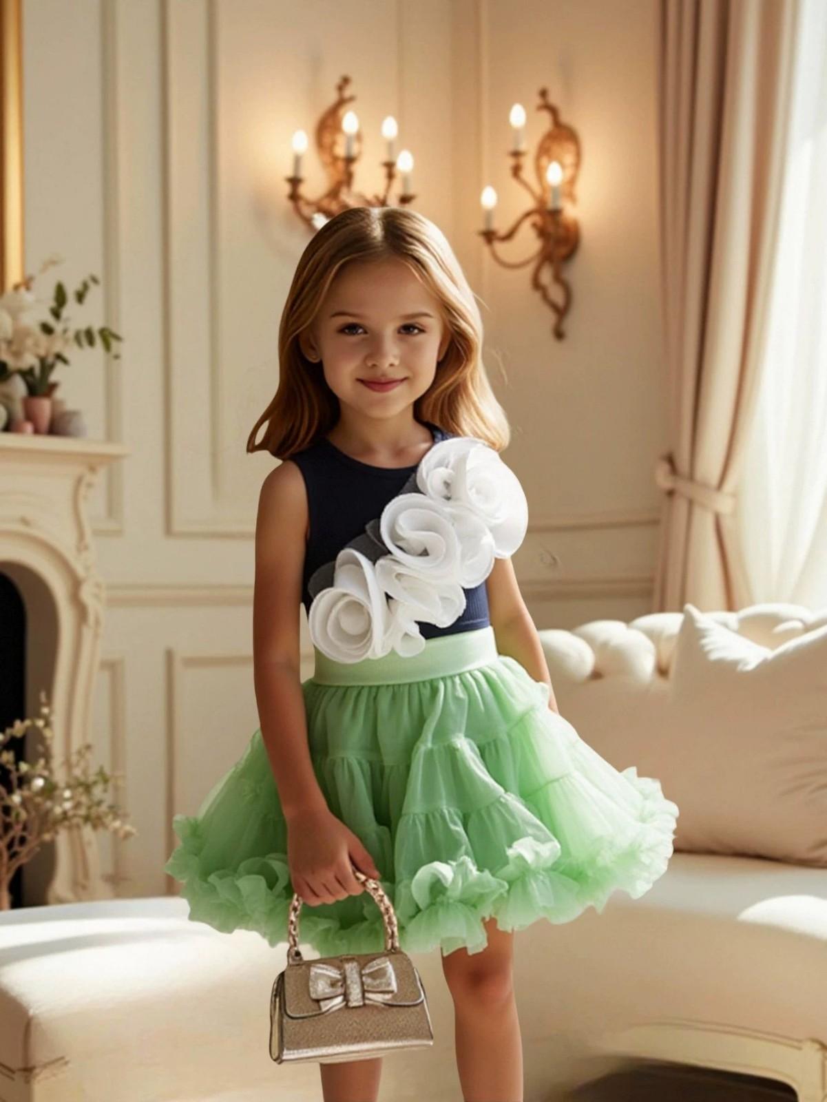 

Комплект из двух предметов: топ с 3D-цветком и юбка для девочек 120 зелёный