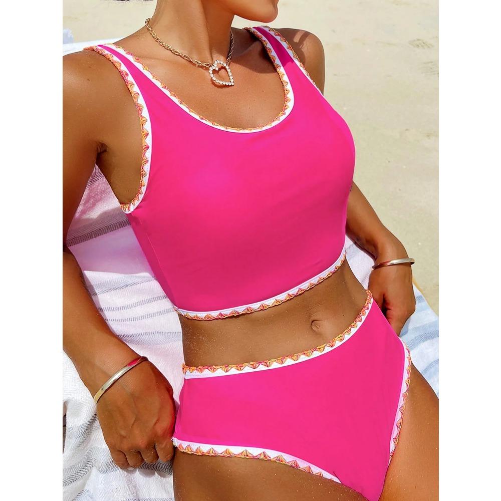 Sexy Hot Pink Patchwork Bikini Set 2026 Women Push Up Pad Vest High Waist Swimsuit Beach Bathing Suit Holiday Two Piece Swimwear