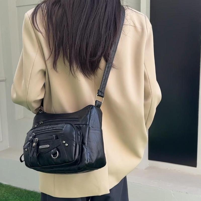 Mykt skinn for kvinner med flere rom Sømmer med flere lommer Enkel skulderveske