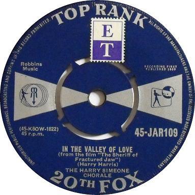 

7inch Record HARRY SIMEONE CHORALE In The Valley Of Love 45JAR109 Top Rank 1959 UK Soundtracks Musicals Used