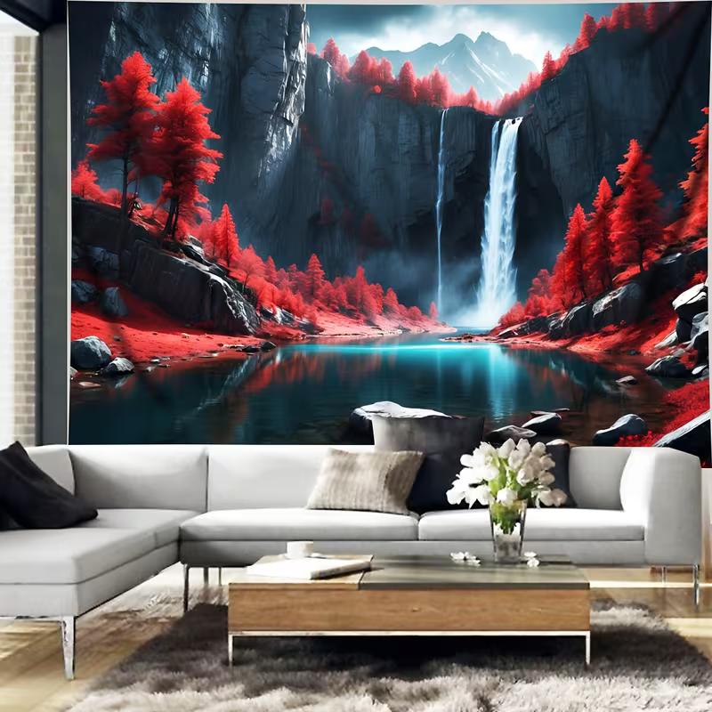 2D Red Tree Waterfall Tapestry Mountain Lake and Waterfall Landscape Wall Hanging