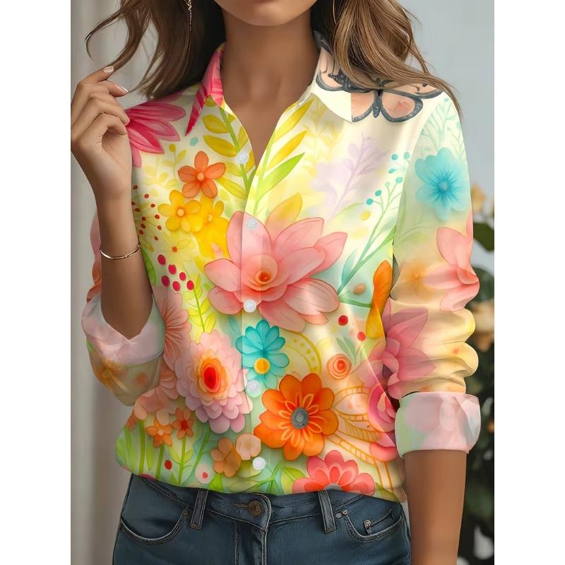 Elegante Damenhemden 2026 Vintage Floral Print Frühling Herbst Bluse Reverskragen Bluse Damen Langarm Locker Lässig Hemden