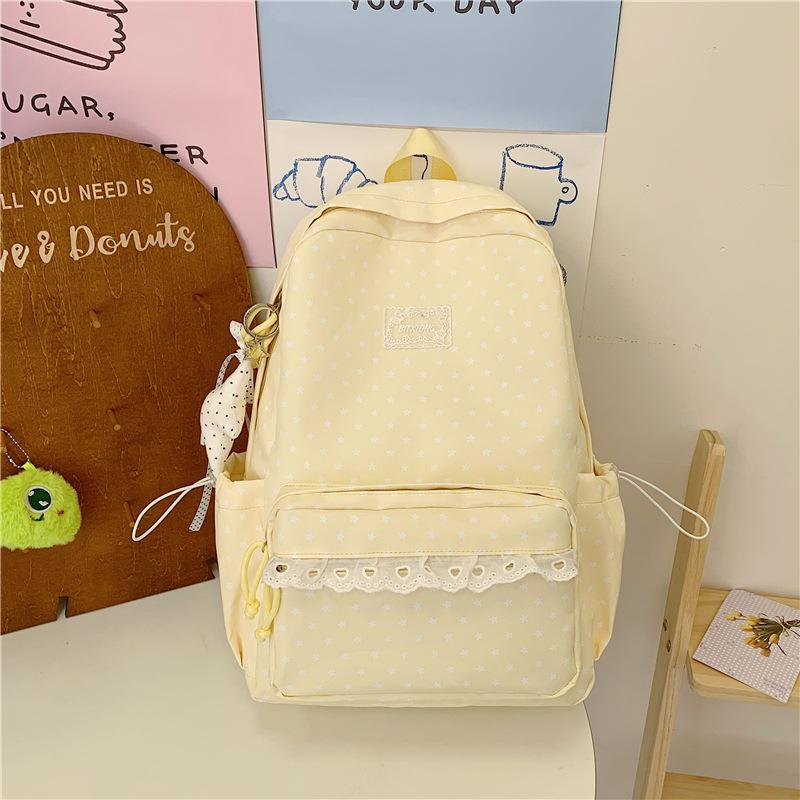 Zaino Grigio Nebbia con Ciondolo a Forma di Stella in Pizzo Borsa da Scuola Femminile Semplice a Pois Vento Gentile Zaino Grande Capacità per Studenti delle Scuole Medie