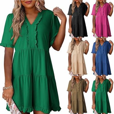 Women Short Sleeve V Neck Ruffle Hem A Line Midi Dress Multi Color Casual Flowy Dress