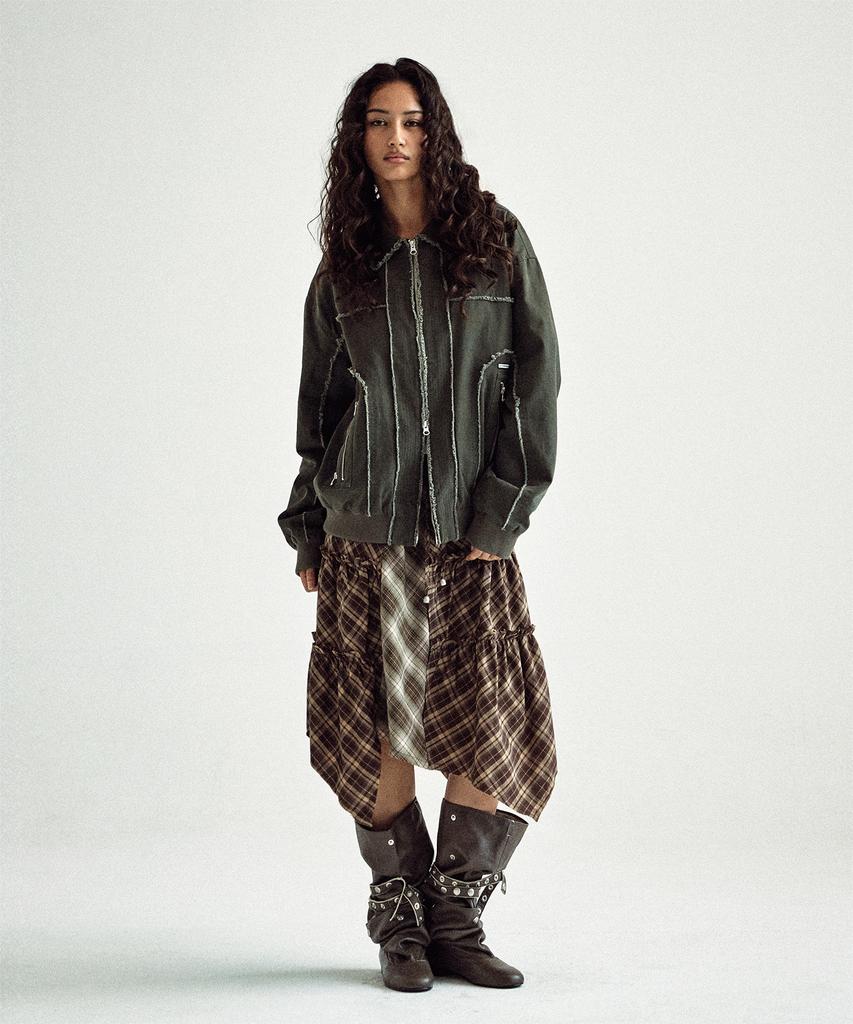 The Vinyl House Unbalance Layered Check Skirt (W) Brown