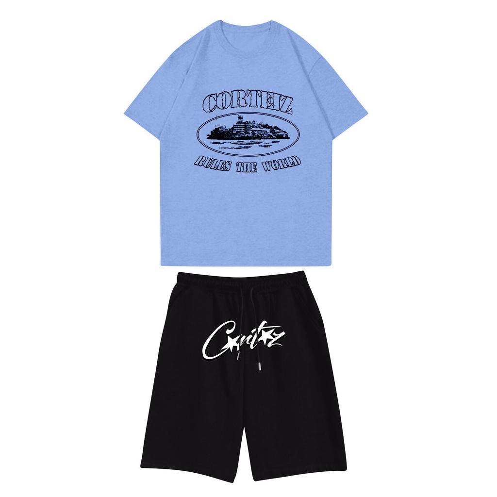 Unisex Jogging Set Summer Casual Printed Round Neck Short Sleeve T-Shirt + Shorts Set Sports Suit