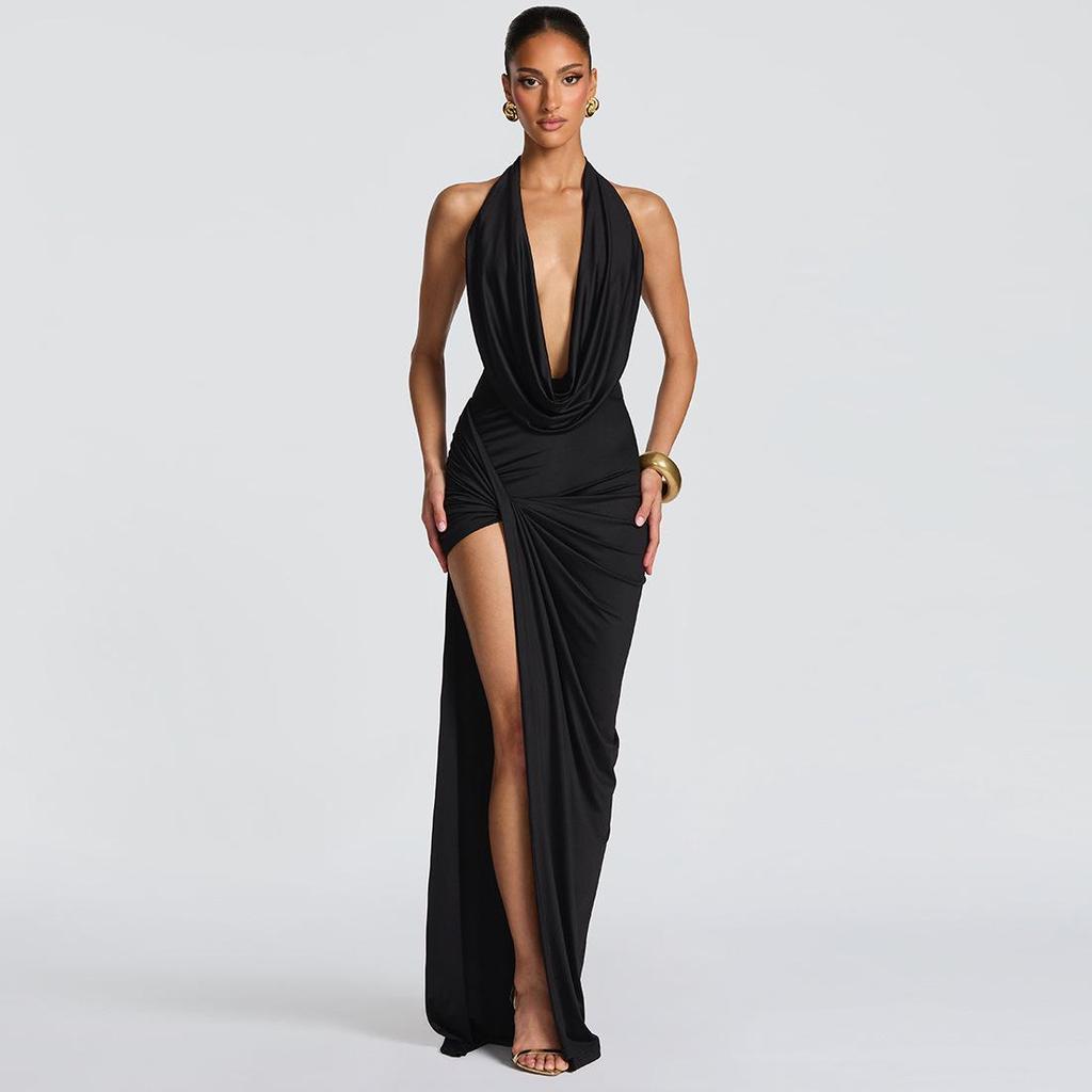 2026 Spring Women's Sexy Deep V-Neck Halter Backless Slit Pleated Bodycon Dress