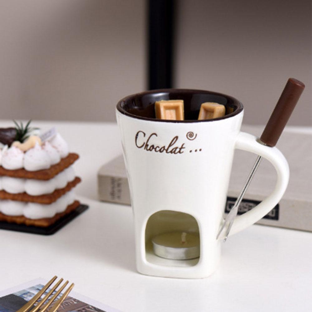 Sweet Fondue Cup with Fork Heating Food Ceramic Mug Creative Coffee Mug Gifts for Birthday Wedding and More