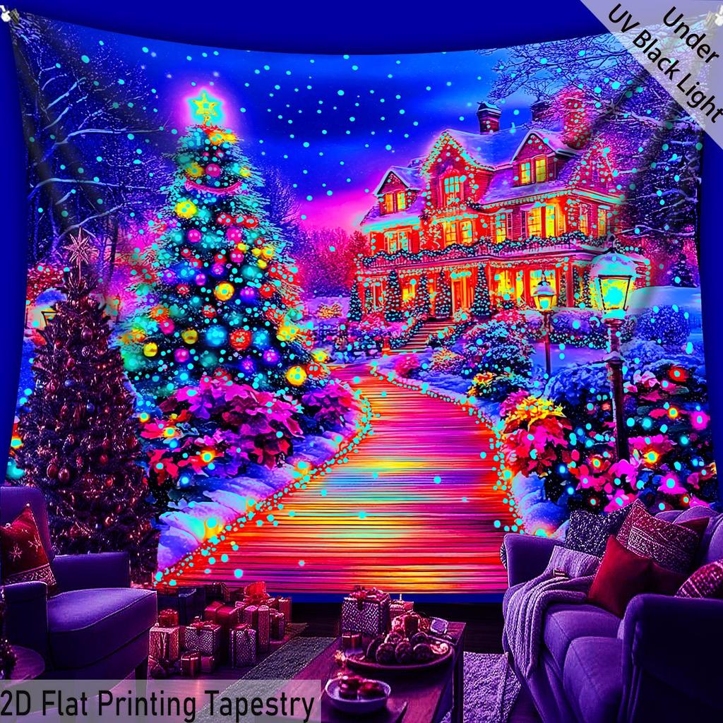 Christmas Fairy Tale Castle Street Fluorescent Tapestry Outer Space UV BlackLight Tapestry, Wall Hanging For Living Room Bedroom Office Home Decor