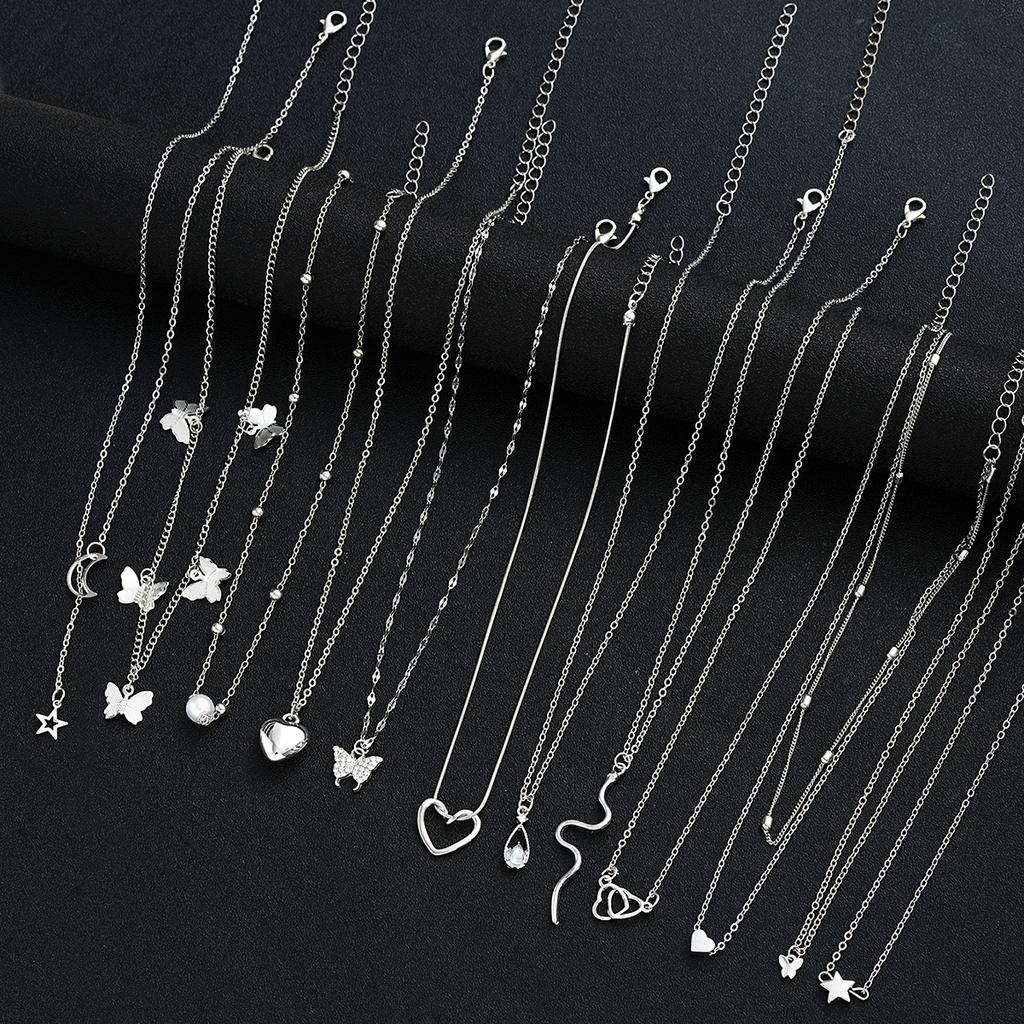 12 Pcs Heart Pendant Necklaces Set for Women Simple Butterfly Star Moon Heart Design Pearl Necklace Daily Vacation Wear Jewelry
