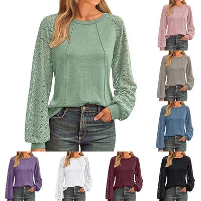 Women's Loose Casual Color Round Neck Lace Patchwork Long Sleeved Top Long Sleeved Top