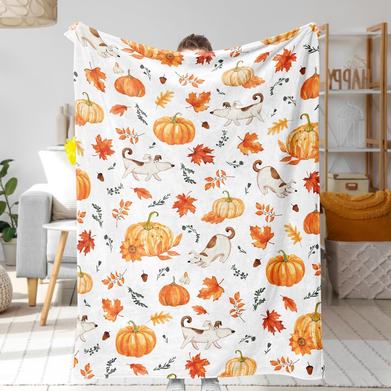 Fall Orange Pumpkin Throw Blanket Thanksgiving Harvest Lightweight Flannel Fleece Throw Blanket Autumn Happy Dog Throw Blankets Cozy Fuzzy Plush 60  X 80
