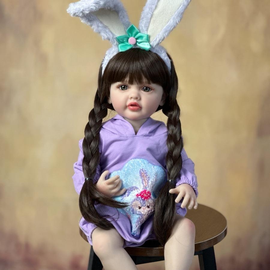BZDOLL 55 CM 22 Inch Lifelike Realistic Reborn Baby Girl Doll Soft Silicone Long Brown Hair Princess Toddler Bebe Christmas Gift