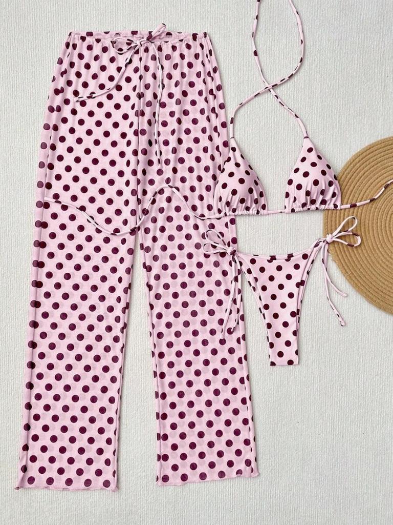 Split swimsuit women's European and American 11 new summer sexy polka dot lace-up three-piece bikini trousers set