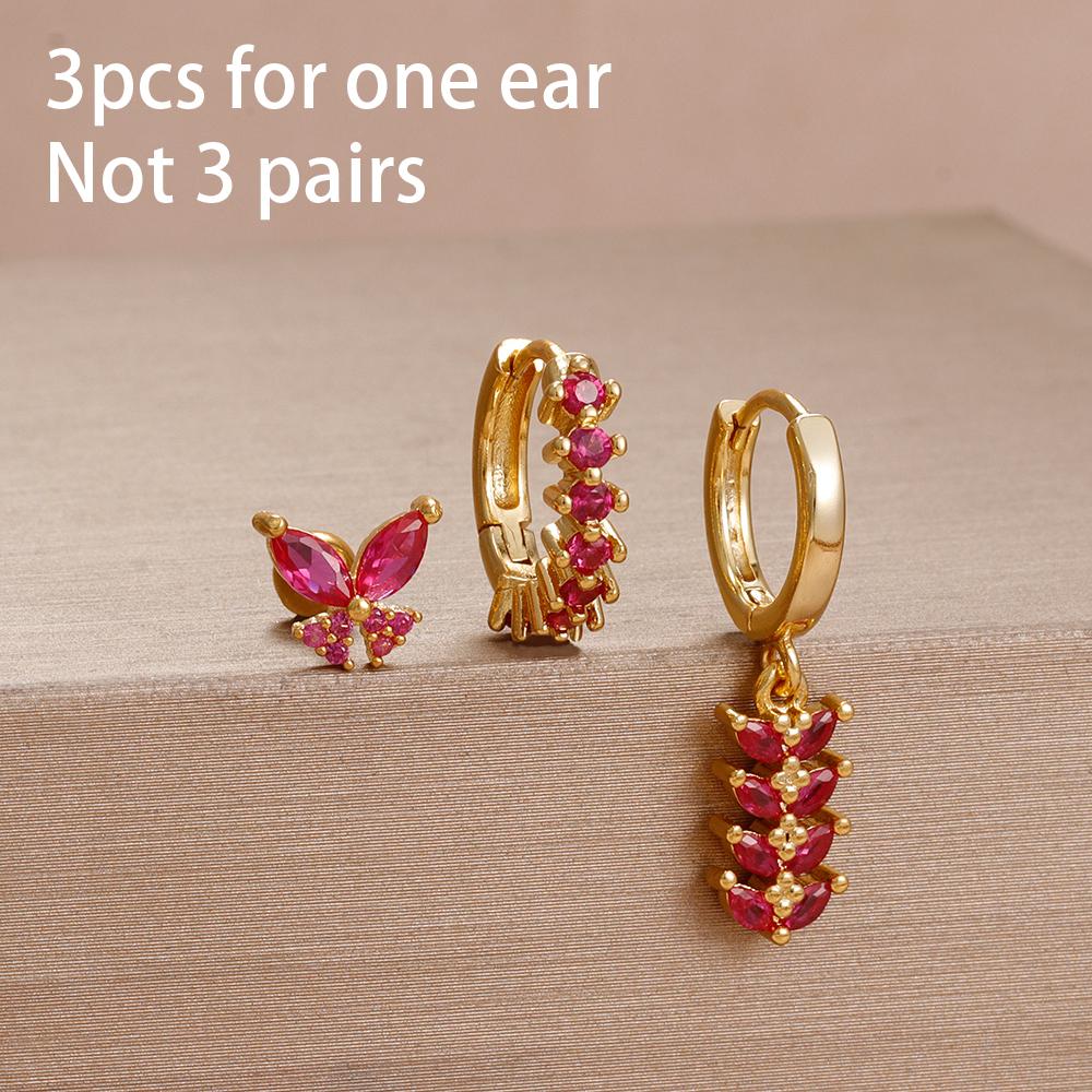 3PCS Unique Stainless Steel Earrings Set for Women Rose Red Crystal Zircon Huggie Hoop Earring Wedding Romantic Jewelry
