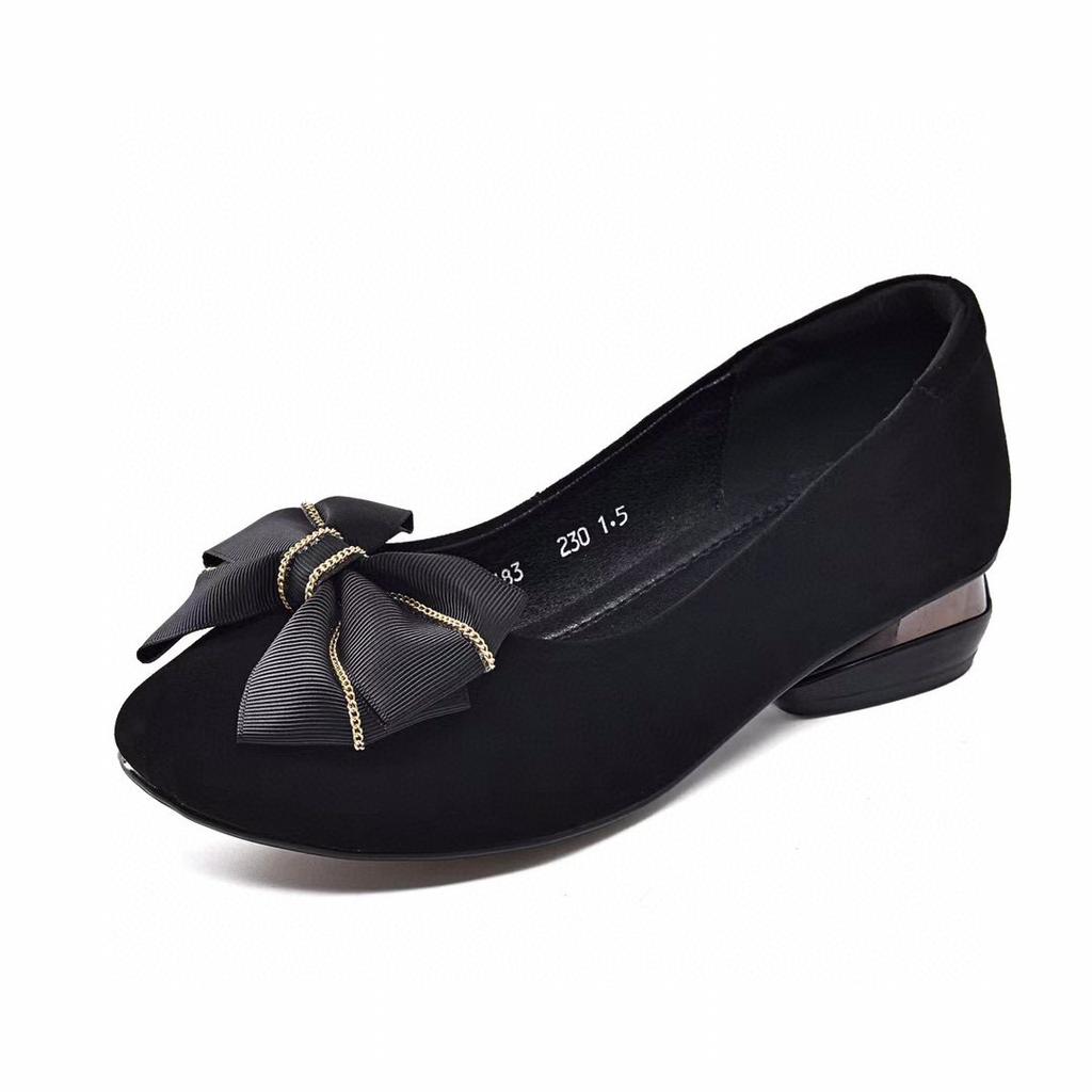 Round head women's early autumn new bow low heel light mouth single shoes black sheepskin comfortable flats