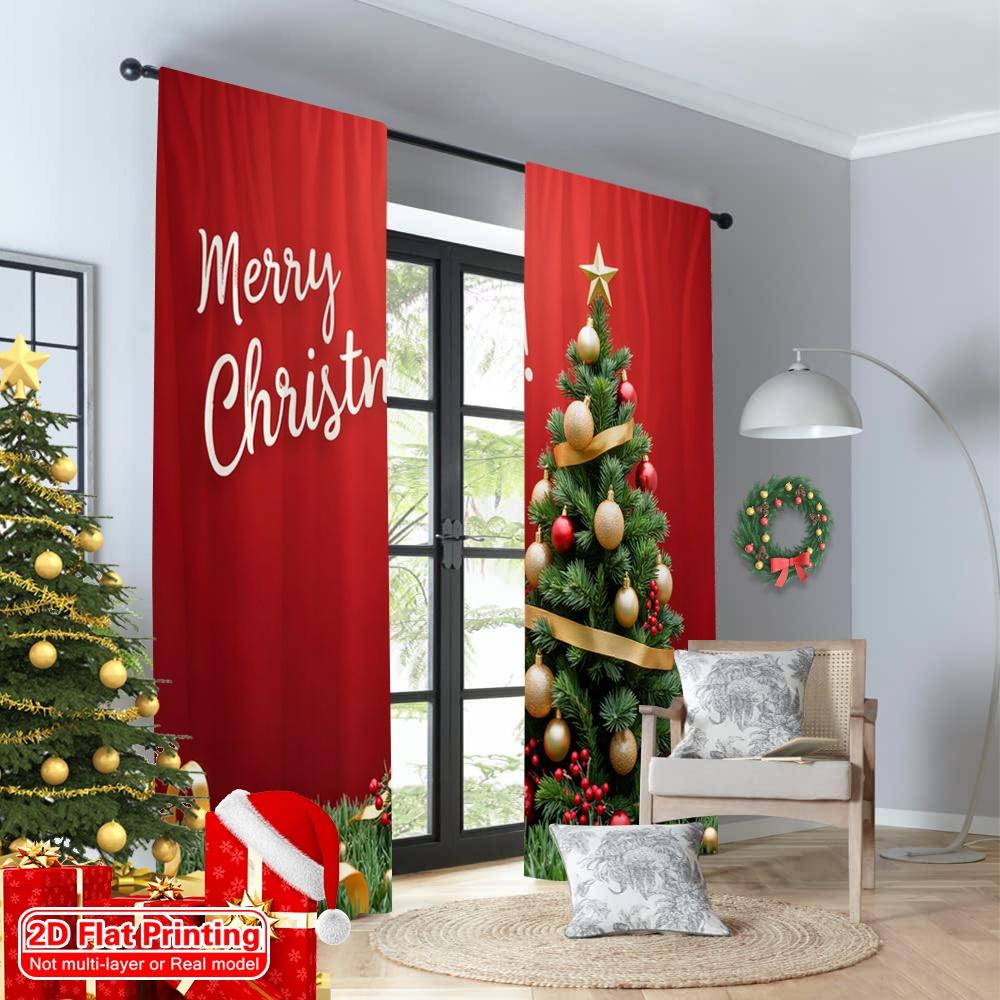2pcs 2D flat printing Christmas Window Curtains Merry Christmas Tree_c Polyester Without Electricity Festive Wall Decor for