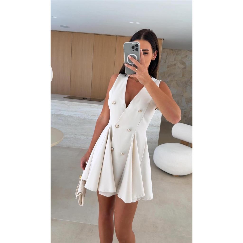 Vară Nouă Culoare Solidă Piept Dublu Gât în V Fără Mâneci Costum Rochii cu Talie pentru Femei