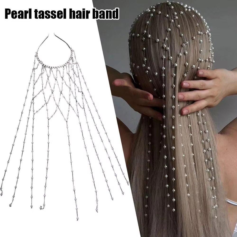 Long Tassel Bridal Hair Chain Imitation Pearl Tassel Headband  Special Occasions