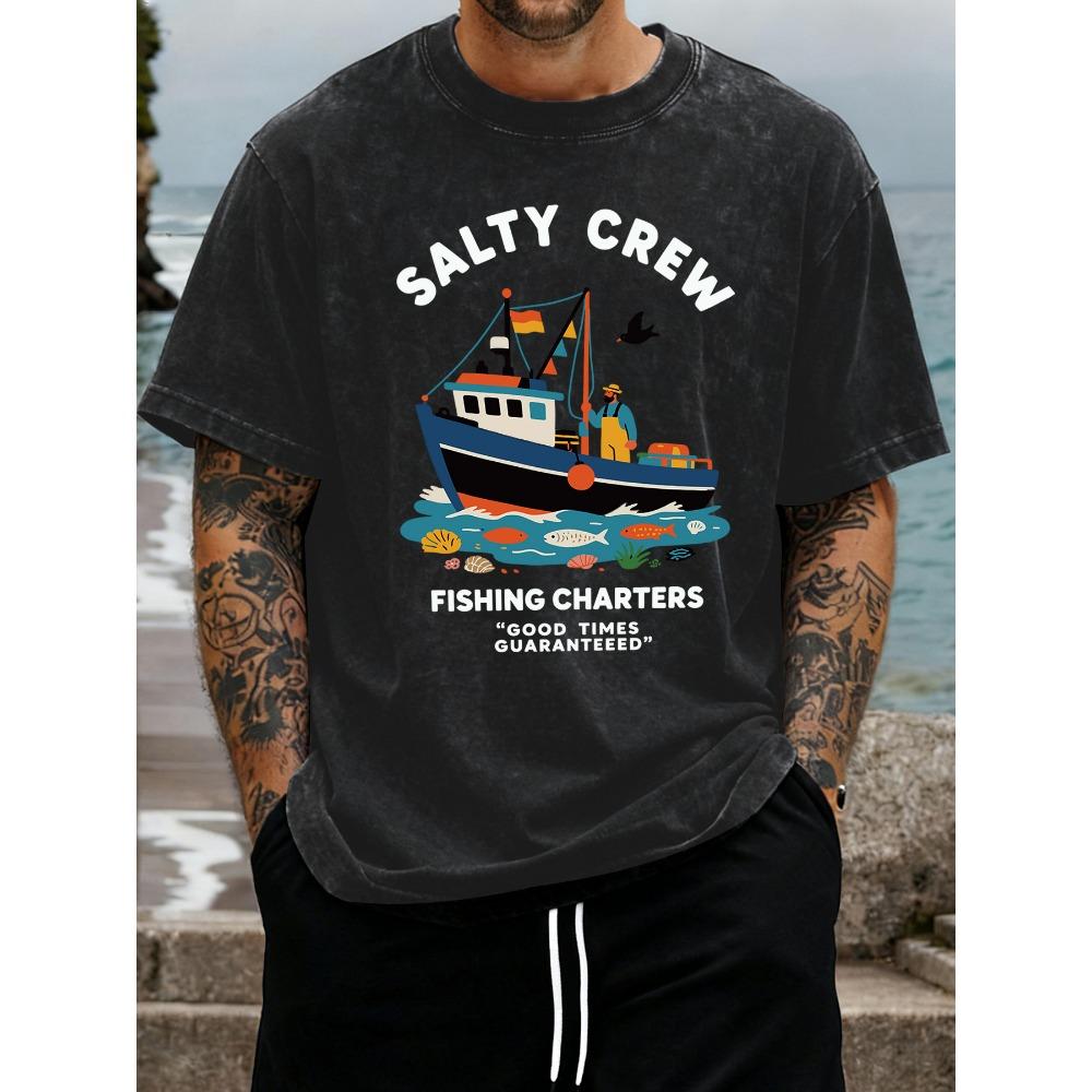 Salty Crew Fishing Charters Print Vintage Washed T Shirt Men Summer  All-Match Streetwear Hip Hop Loose T-Shirt M
