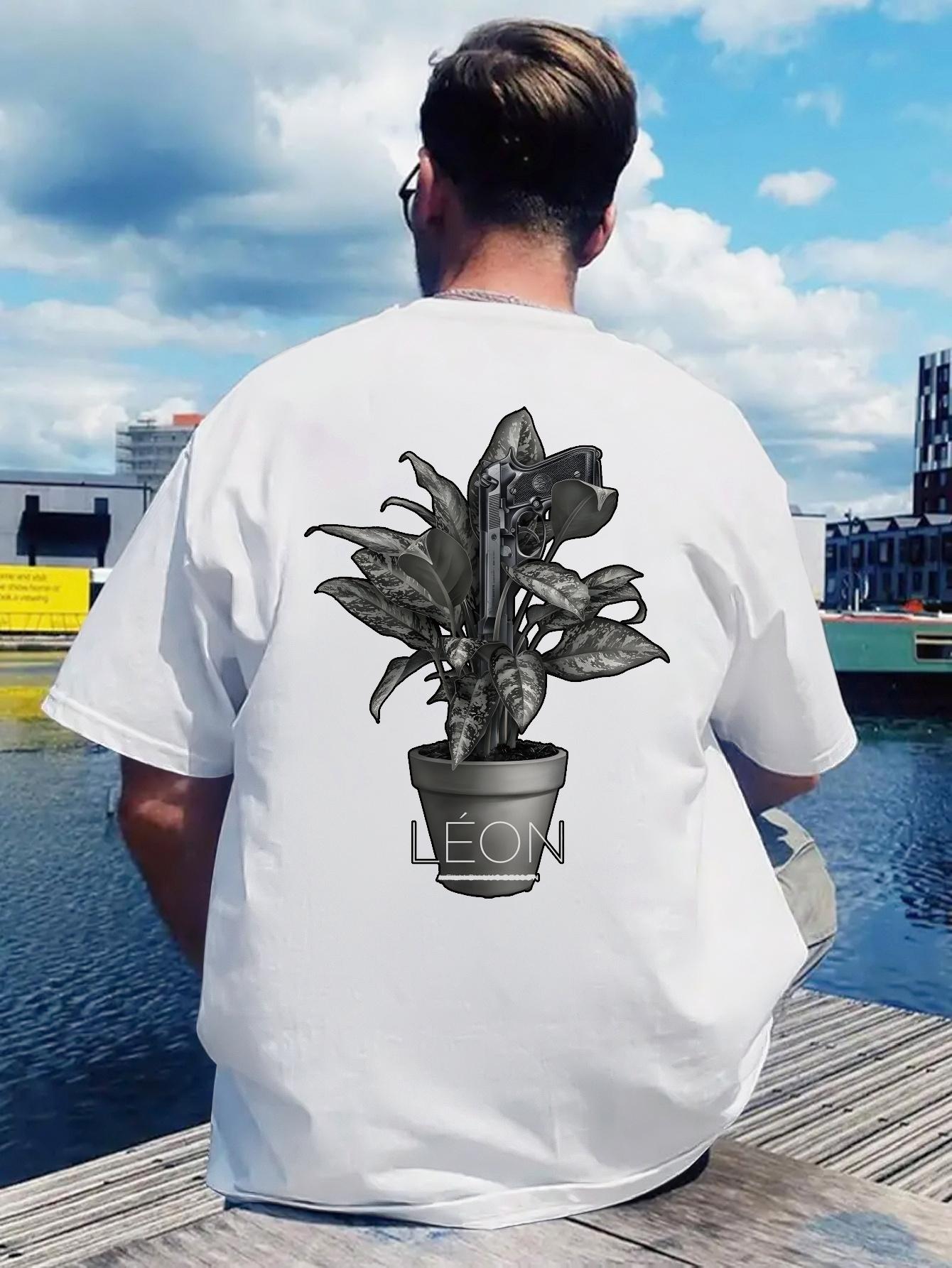 White T-shirt - Back Print Plant Design - Lightweight Breathable Polyester Casual Everyday Shirt for Summer S