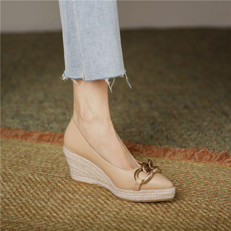 

Fashion FHC Straw Wedges High Heels,Women Platform Pumps,Autumn Shoes,Front Metal Chain,Slip On,Pointed Toe,Apricot,Dropship 34 абрикосовый