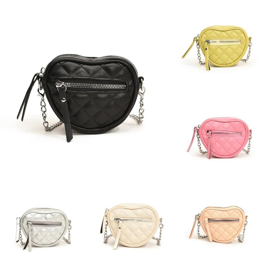 Kids Love Heart Chain Crossbody Bag Pink Pu Coin Wallet With Trendy Stitching