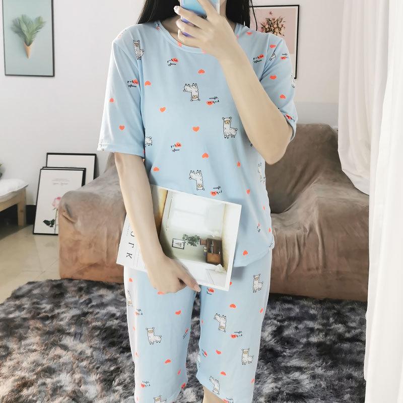Korean New Short-sleeved Cropped Pants Homewear Suit Summer Thin Pajamas Women's Simple Casual Style Can Be Worn Outside