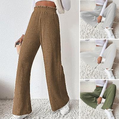 Women Pants Elastic High Waist Straight Wide Leg Casual Trousers Solid Color Sporty Style Long