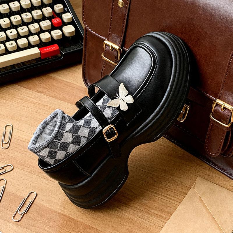 Spring and Autumn new thick heel platform retro college style jk shoes Mary Jane shoes milk white butterfly small leather shoes women