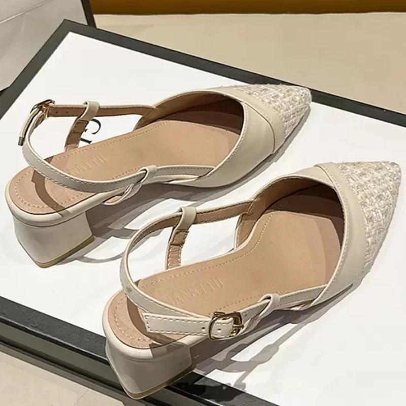 

Босоножки Летние Женские Классические Массивный каблук 6 см Модные Девушки Жемчужные Туфли Задний ремешок на щиколотке Высокие каблуки Женская обувь 35