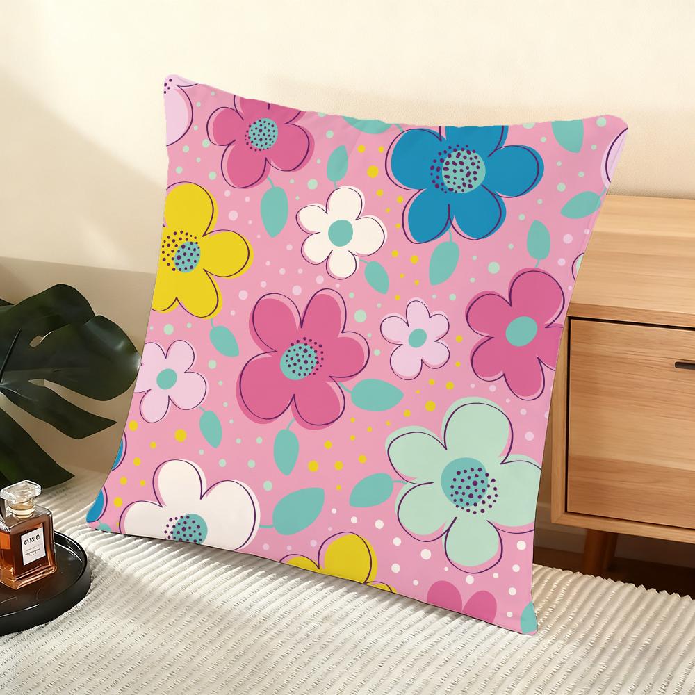Colorful Flowers Cushion Cover Soft Short Plush Pillow Cover Smooth Cozy Texture Aesthetic Cushion Case Home Decor