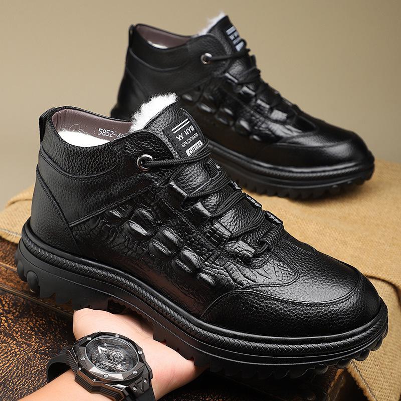 Men's winter velvet cotton leather shoes men's middle-aged and elderly father cotton shoes genuine leather wool men's shoes 464748 extra large size