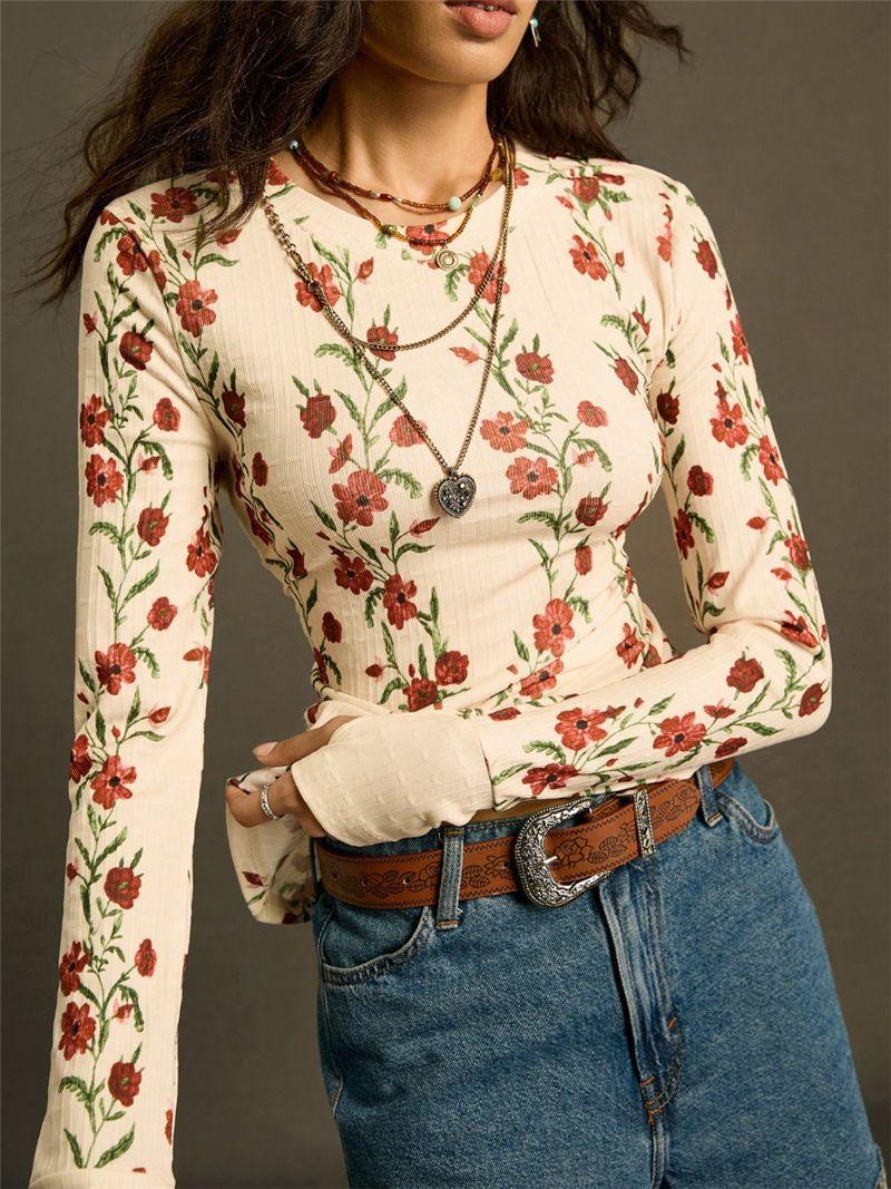 Women Crew Neck Floral Print Ribbed Thumb Hole Slim Long Sleeve Casual Top S абрикосовый