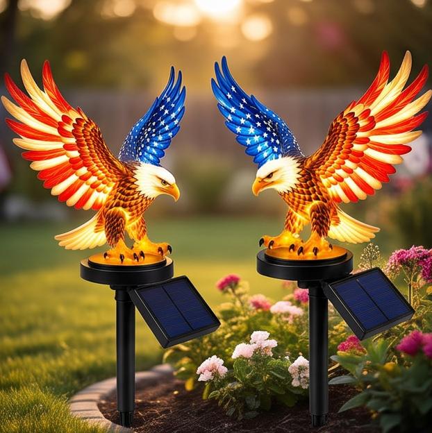 Solar Eagle Garden Stake Light: Resin Bald Eagle with American Flag Wings Warm LED Solar Powered 45 cm Outdoor Lawn Patio Decor Memorial Day Gift