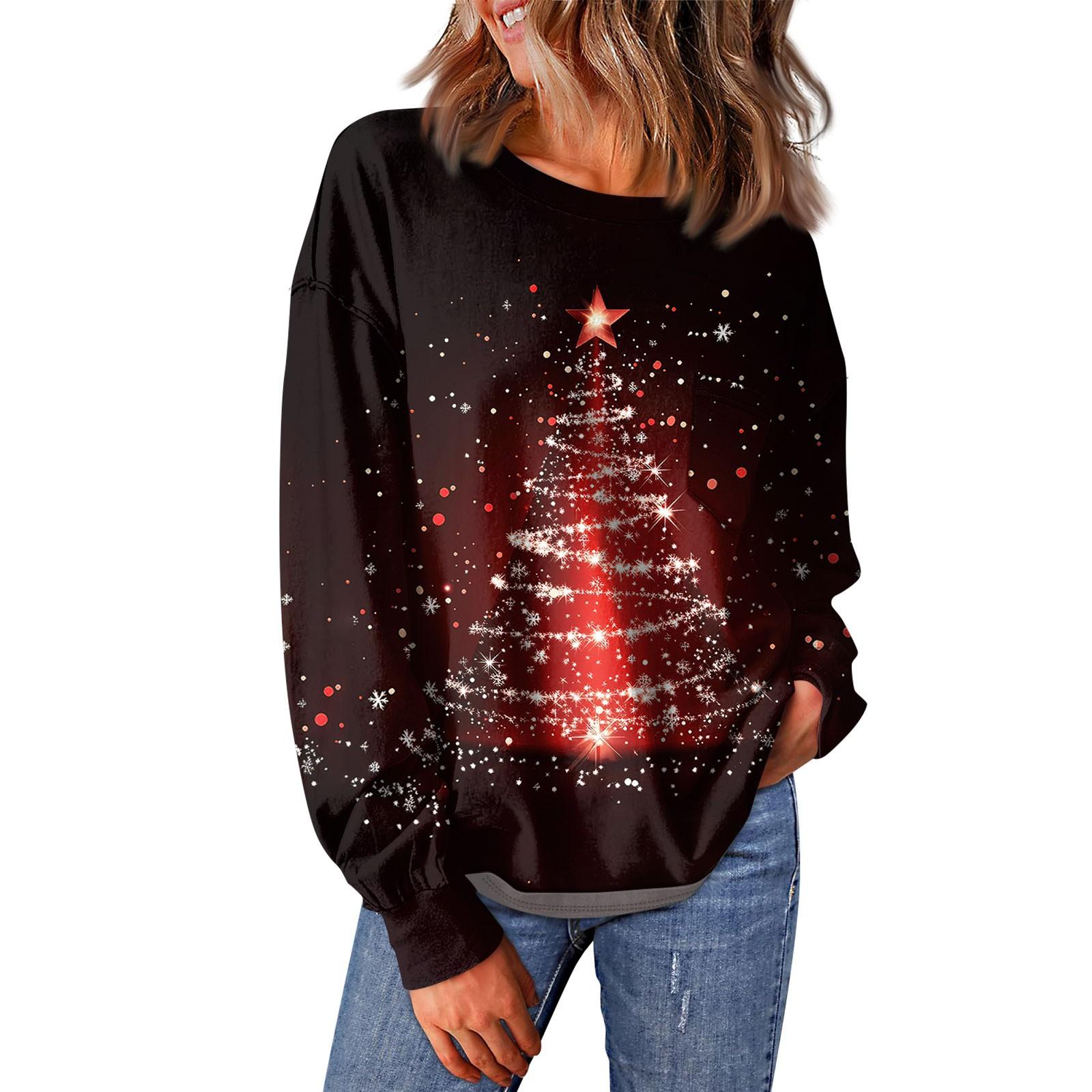 

Женский повседневный свободный топ с круглым вырезом и карманами с рождественским принтом и длинными рукавами XXL винный