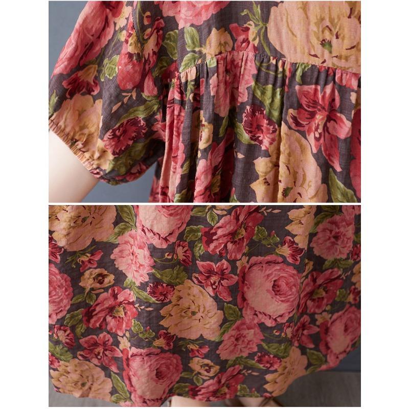 DIMANAF 2025 Summer Women Plus Size Vintage Long Dress Short Sleeve Casual Basic Floral Printing Loose Dress