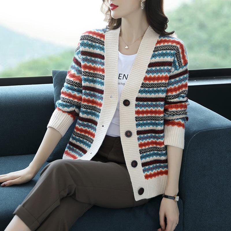 

Ретро жаккардовый свитер-куртка для женской осени и зимы, новый свободный трикотажный кардиган с V-образным вырезом 3XL абрикосовый