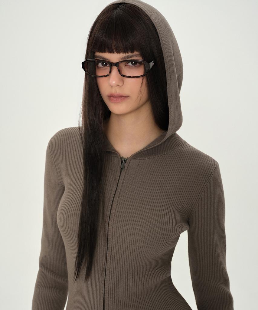 MUSINSA STANDARD WOMAN Women'S Ribbed Slim Hooded Knit Zip-Up [Taupe]