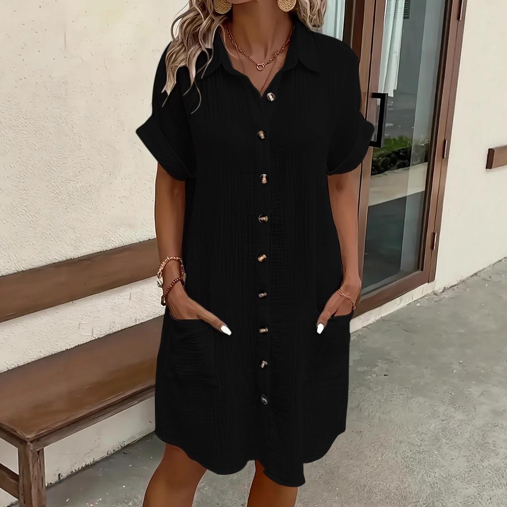 Summer casual solid color shirt breasted medium and long short-sleeved loose dress women's clothing
