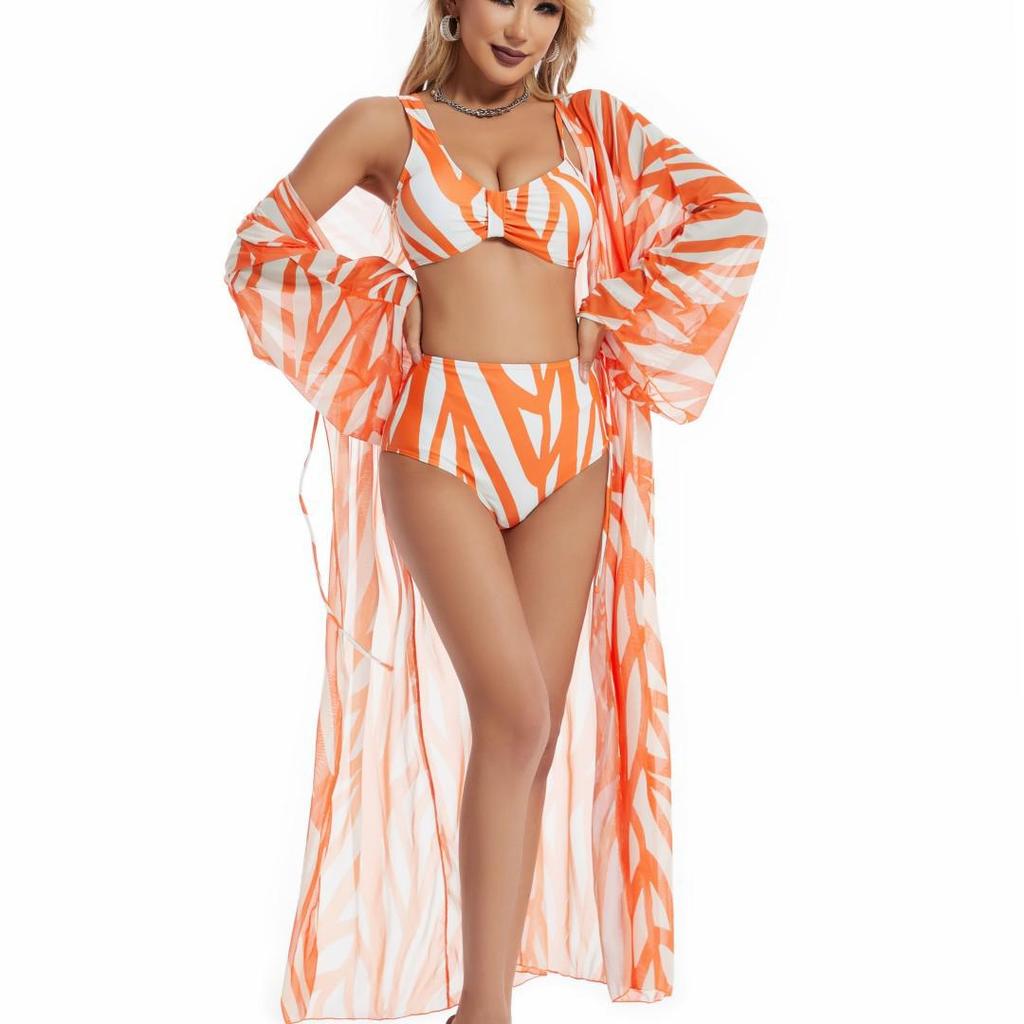 2025 Euro-American Fashion Three-Piece Striped Swimsuit with Cover-Up & Sun Protection