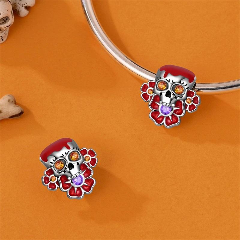 Halloween Party Copper Gothic Scarlet Flower Skull Beads Fit Charms Diy Bracelet For Jewelry Making Women Gifts