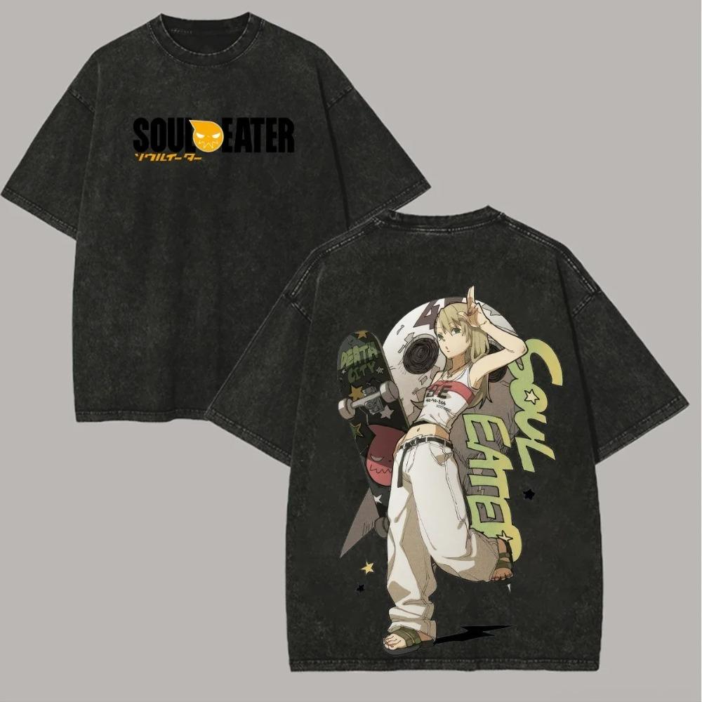 

Soul Eater Maka Albarn Skater Theme Double-Sided Acid Washed T-Shirt Retro Shonen Manga Vintage Black Oversized Anime Streetwear T-shirt L