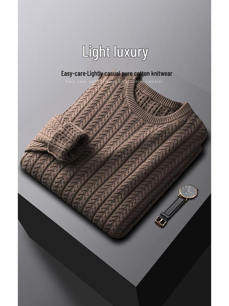 Men's Luxury All-Cotton Knitted Pullover - Thick, Solid Color, Velvet-Lined Cable Knit for Autumn and Winter