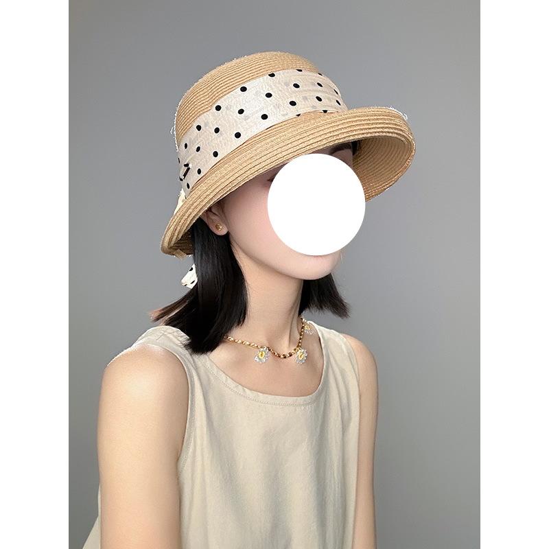 Polka dot foreign style fashionable sunshade straw hat children summer French elegant seaside vacation sunscreen bucket hat