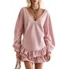 Women S Pink V Neck Ruffled Lantern Sleeve Short Sweatshirt Dress