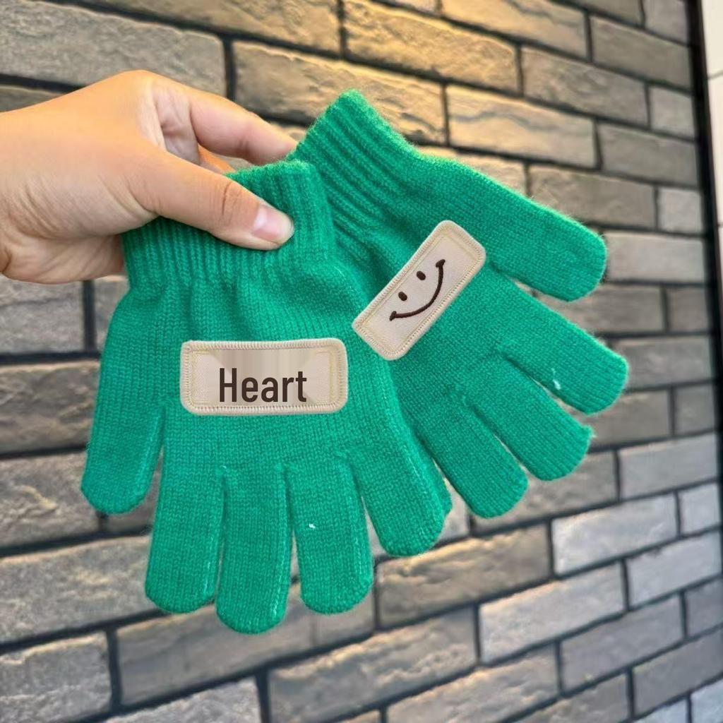 Korean Style Kids' Woolen Knit Five-Finger Gloves with Smiley Face for Autumn/Winter Warmth