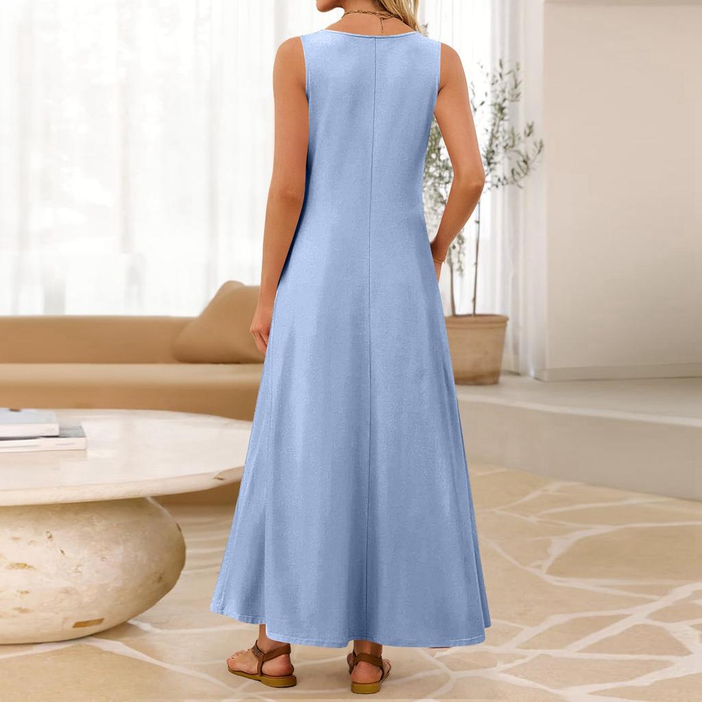 Ärmelloses lässiges lockeres Maxikleid für Damen, Rundhalsausschnitt, dehnbar, Basic, lang, für Strandurlaub und Alltag